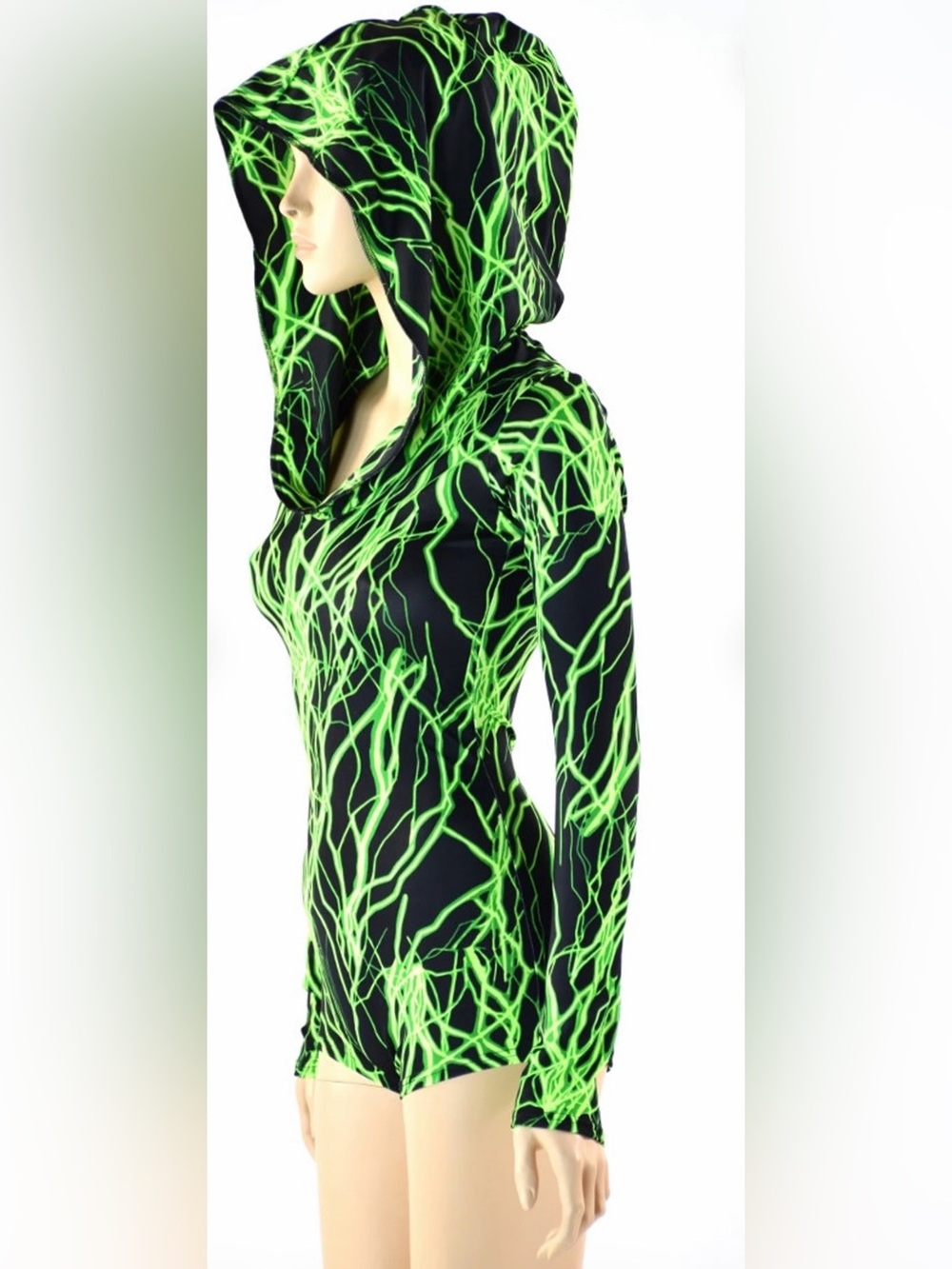 Coquetry Clothing Neon UV Green Lightning Print Long Sleeve Hoody Romper - Picture 7 of 9